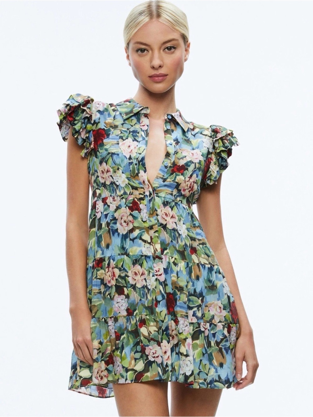 Alice + Olivia Meeko Ruffle Sleeve Shirt Dress Sz 8